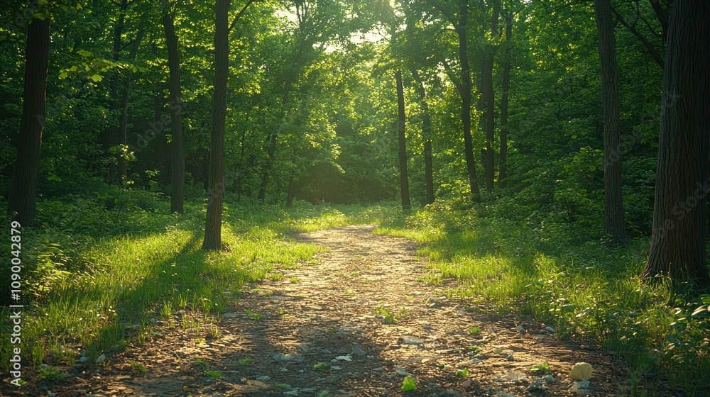 Obraz premium Sunlit path through lush green forest.