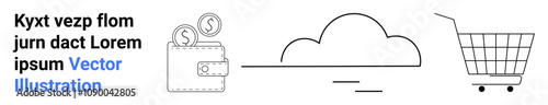 Icons of digital wallet with coins, cloud storage, and shopping cart in minimalistic style. Ideal for e-commerce, online shopping, cloud services, fintech, digital payments, web design