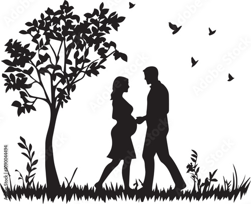 Silhouette of a pregnant woman enjoying a walk in the park with her partner, pregnant women vector silhouette