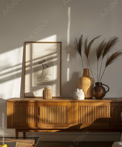 Frame mock up on Living Room, Minimalist Corner with Soft Shadows and Artistic Decor- Generative Ai