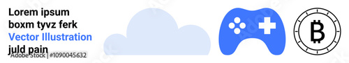 Cloud icon, blue gaming controller, cryptocurrency bitcoin coin, text placeholder. Ideal for technology, cloud computing, gaming, cryptocurrency, finance, digital assets, web services Landing page
