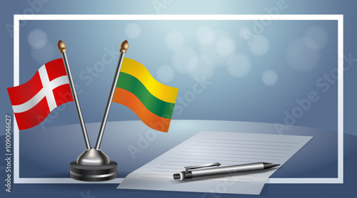 Denmark and Lithuanian National flags on small table with bokeh background, cooperative relationship