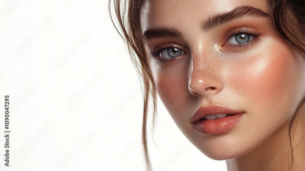 Naklejka premium Close-Up Portrait of a Young Woman with Natural Makeup and Glowing Skin Showcasing Expressive Eyes and Freckles for Beauty and Fashion Applications