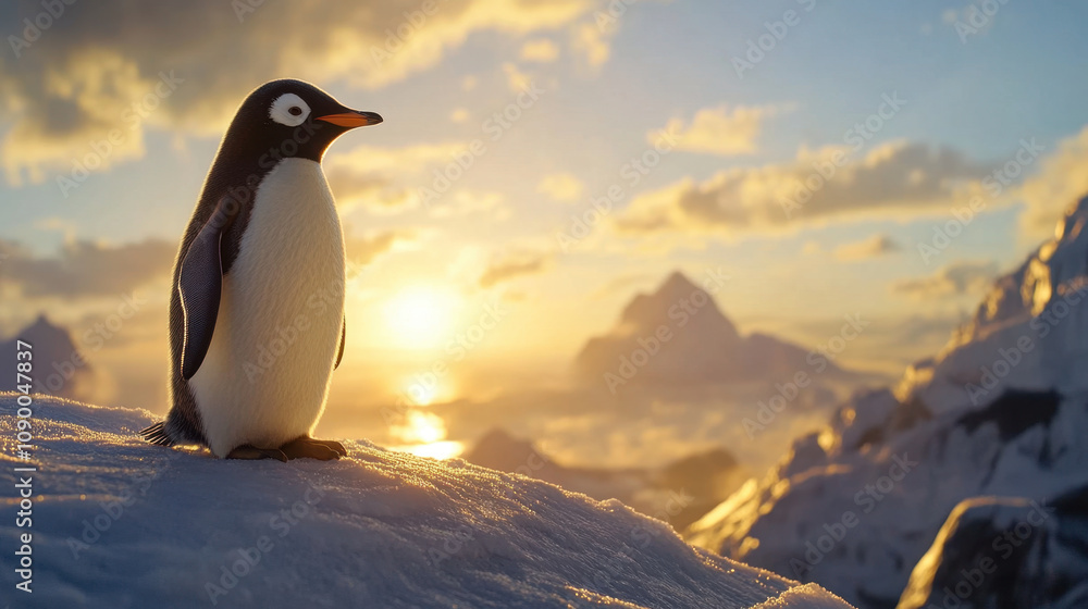 Fototapeta premium penguin stands majestically on snowy mountain, basking in warm glow of sunset. serene landscape features distant peaks and tranquil sea, creating peaceful atmosphere