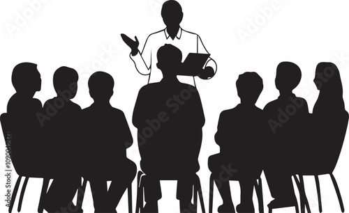 Silhouette of a teacher leading a group of students in a classroom discussion, teacher silhouette vector