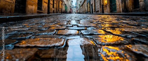 Parisian Cobblestone Street Reflection in Rain Puddle photo