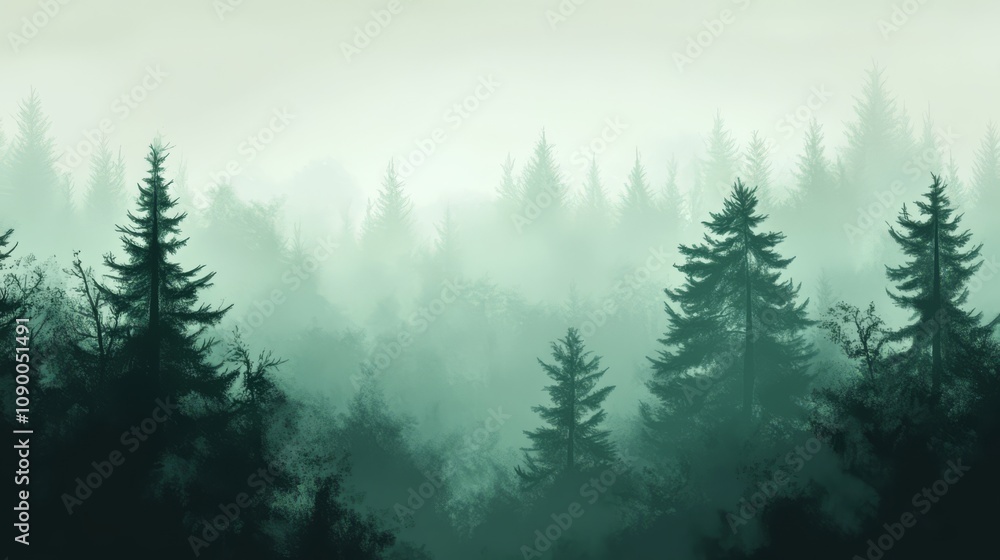 Fototapeta premium Misty forest landscape with tall evergreen trees. (1)