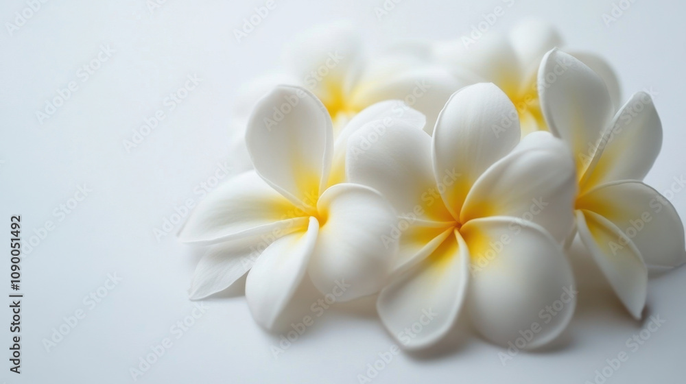 Fototapeta premium Beautiful plumeria flowers with white petals and yellow centers on soft background evoke sense of tranquility and elegance