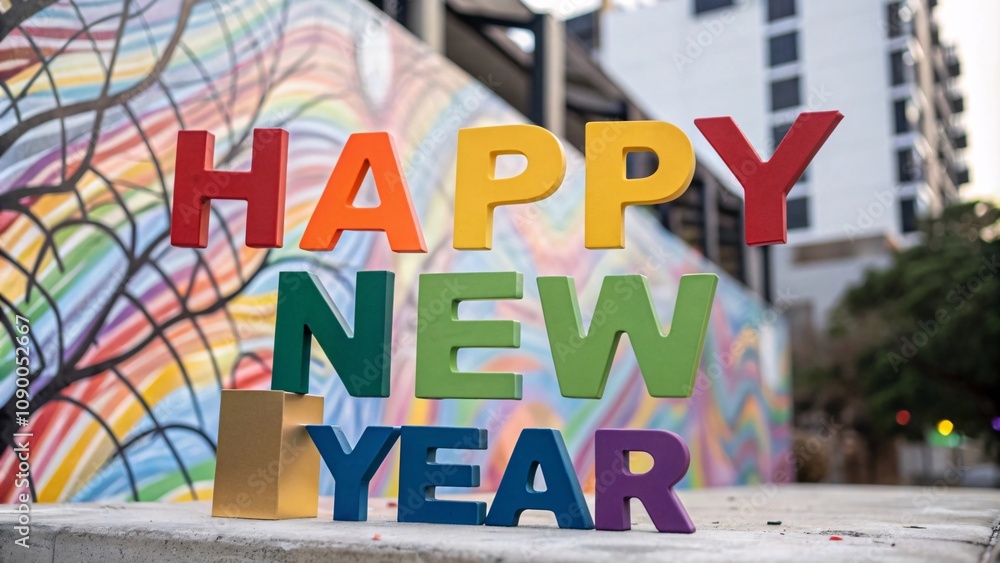 Fototapeta premium Rainbow Happy New Year text with abstract background