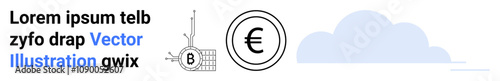 Cryptocurrency blockchain symbol alongside a Euro coin with a cloud in the background. Ideal for finance, cryptocurrency, blockchain, digital transactions, fintech, cloud computing, investment