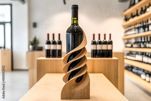 Red Wine Bottle in Wooden Holder with Wine Store Background photo