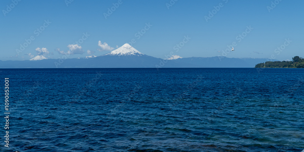 Panoramic View of Osorno Volcano from Frutillar and Lake Llanquihue