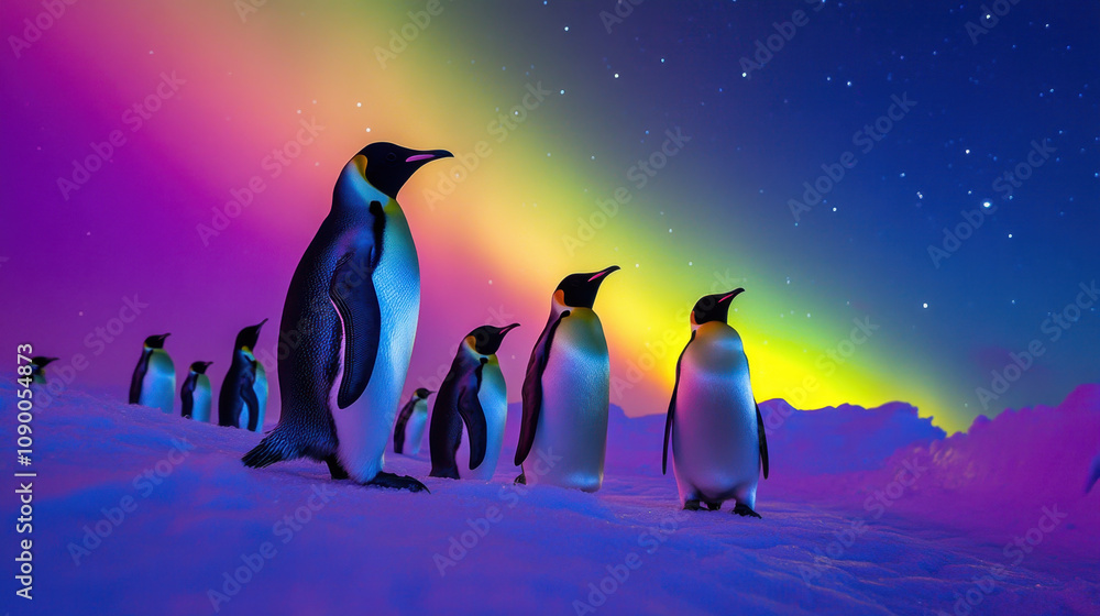 Fototapeta premium Majestic penguins stand under vibrant aurora borealis, creating stunning contrast against snowy landscape. colorful lights illuminate night sky, enhancing serene atmosphere