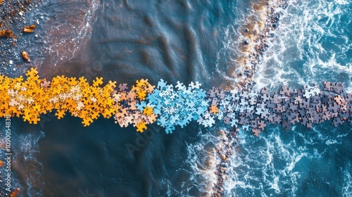 A bridge made of puzzle pieces connecting two shores, Representing the connections built by embracing diversity, minimalistic style