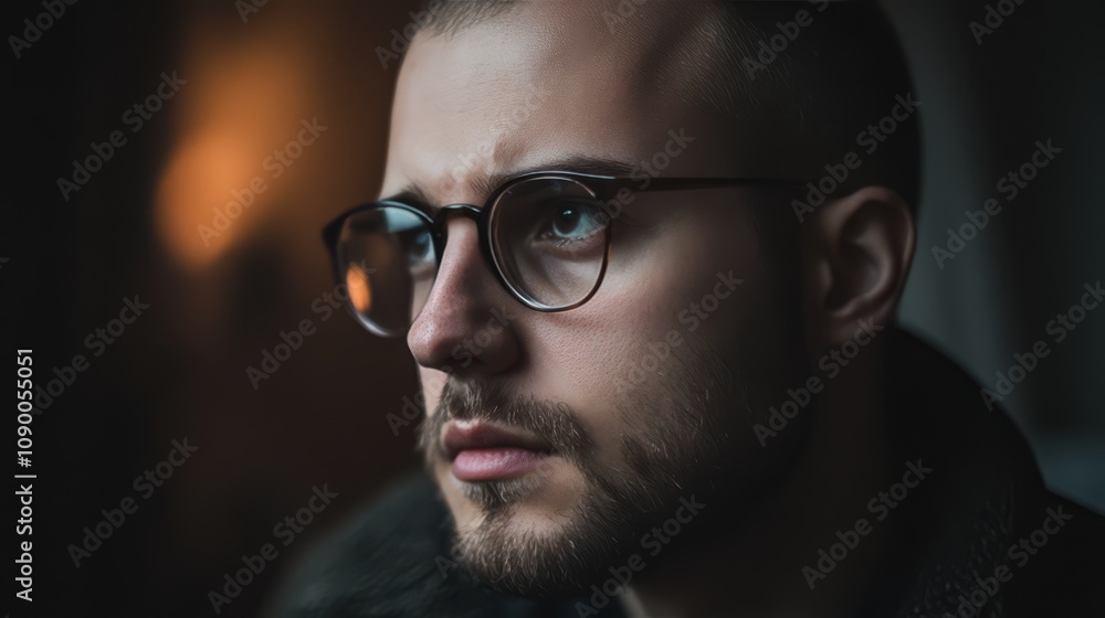 Obraz premium Pensive young man with glasses looking away.