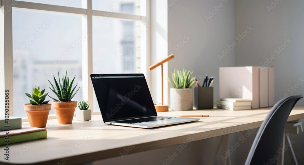 Fototapeta premium Minimalist Workspace with Laptop and Plants