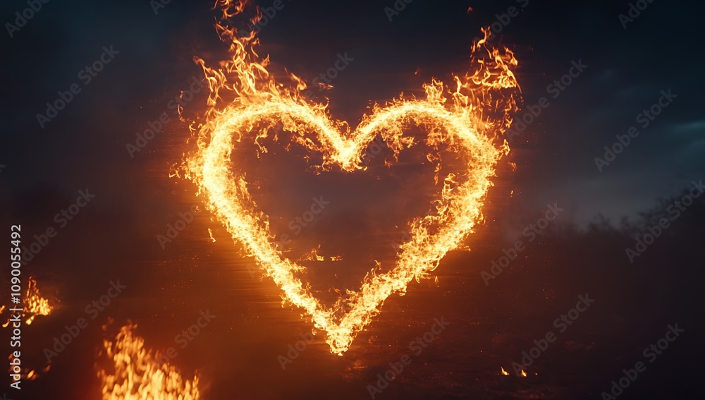 Fototapeta premium Fiery heart burning brightly against an indigo background, with intricate flame patterns symbolizing passion, love, and warmth, ideal for Valentine’s Day messages.