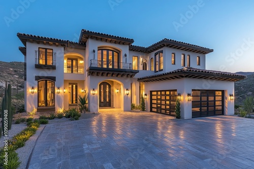 Elegant modern home with warm lighting and spacious driveway at dusk.