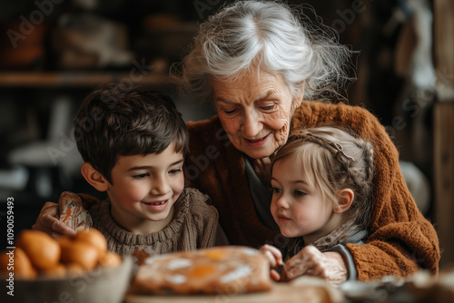 Aboriginal Grandmother Teaching Painting to Grandchildren – Family Bonding photo