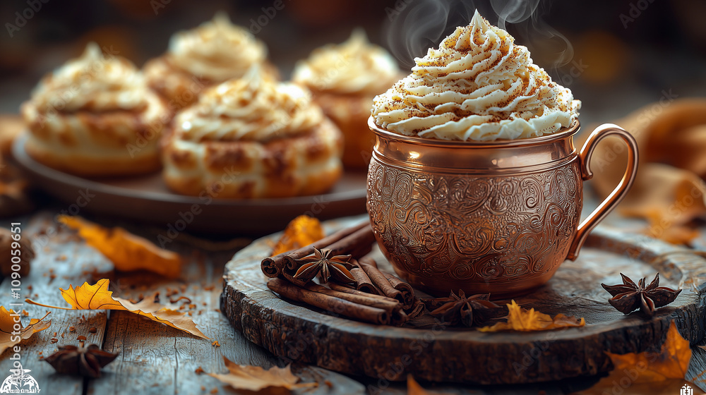 Fototapeta premium Steaming Chai Tea with Cinnamon Rolls – Cozy Autumn Aesthetic