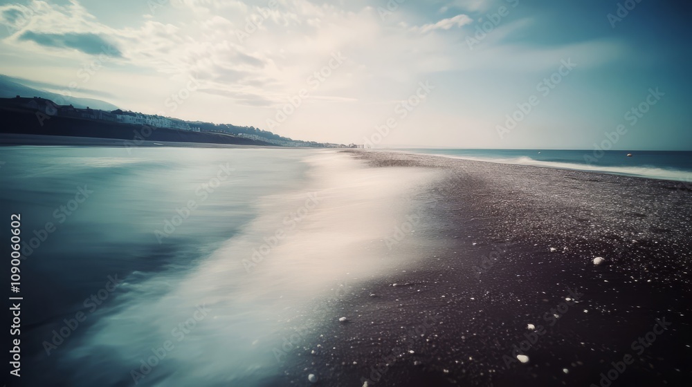 Fototapeta premium Serene coastal scene with blurred waves washing ashore on a pebble beach.