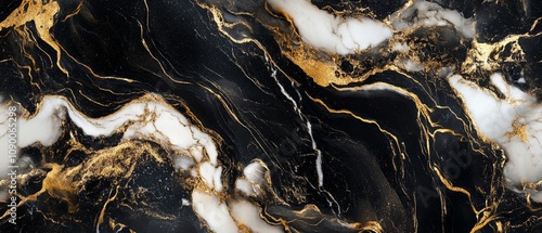 Create an elegant marble pattern design, showcasing swirling hues of rich blacks, whites, and golds, evoking a sense of luxury and sophistication, perfect for backgrounds or stylish decor 