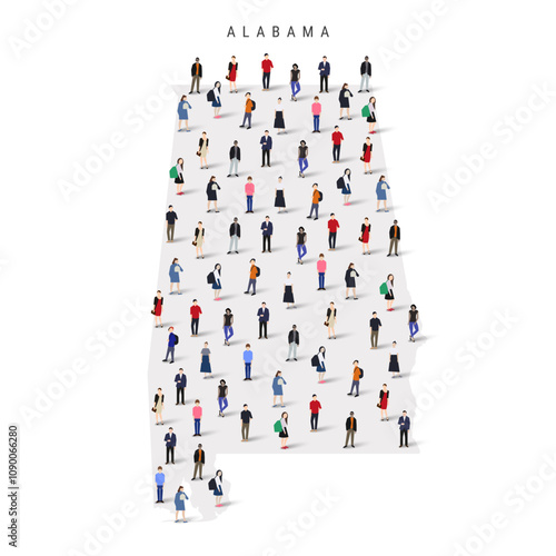 Alabama US state population map. Large group of realistic a diverse crowd of people figures. Flat vector illustration isolated on white.