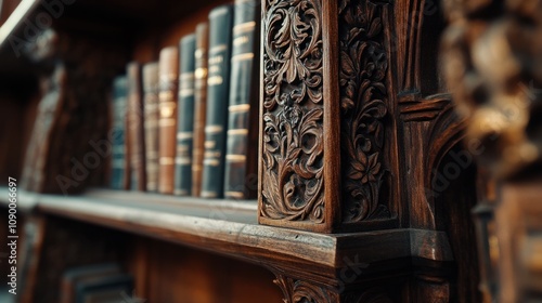 A close-up of an old-fashioned wooden bookshelf, showcasing intricate carvings and worn textures, captured in high-definition with perfect studio lighting photo