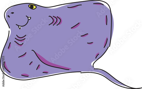 happy smiling purple stingray with yellow eyes swimming