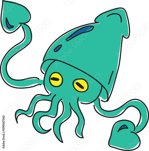 green squid with yellow eyes waves its tentacles