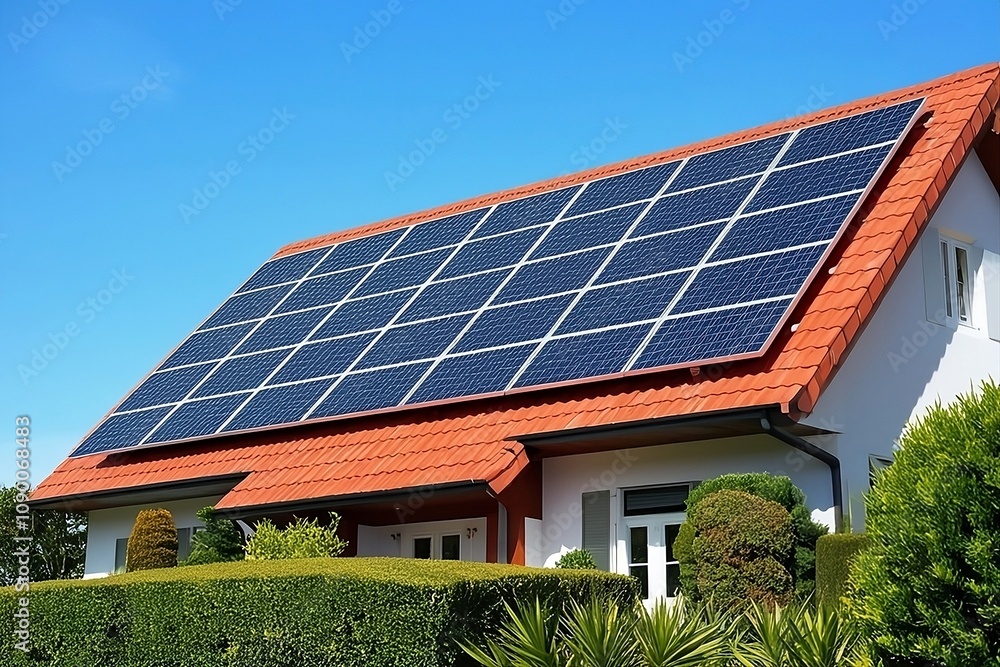 Fototapeta premium house with sun panel on rooftops 