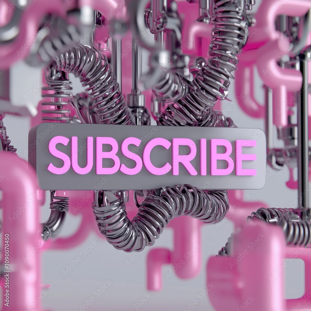 Fototapeta premium 3D render of metallic pipes with a glowing subscribe sign