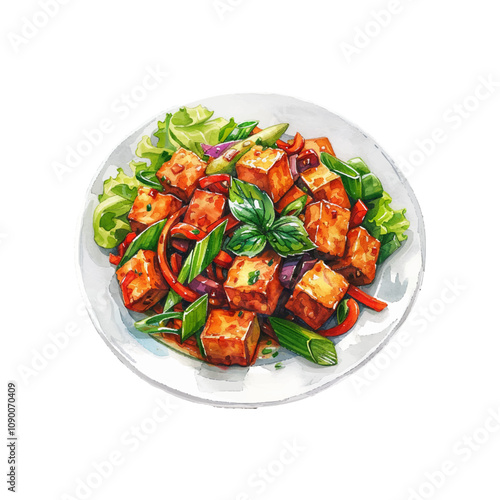 tofu stir fry vector illustration in watercolor style