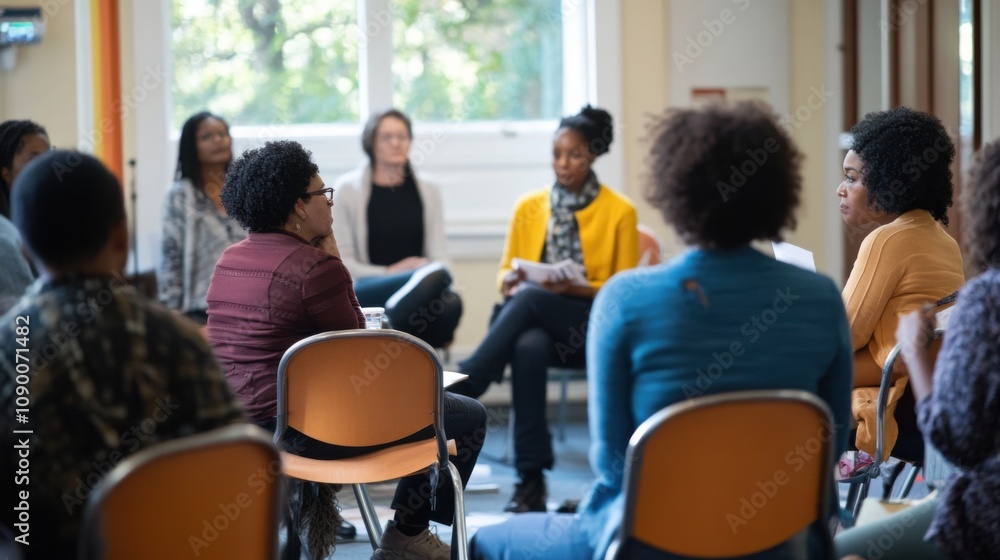 Obraz premium A community dialogue forum where residents of diverse backgrounds discuss social issues and collaborate on solutions, Reflecting civic engagement and inclusive community activism, photography style