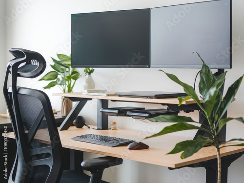 Dual Monitor Desk Setup with Ergonomic Chair  
 photo