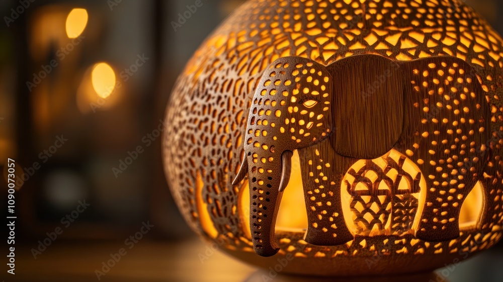 Fototapeta premium Close-up of a wooden lamp featuring elephant patterns, captured in high-definition with sharp studio lighting that emphasizes its unique design and texture