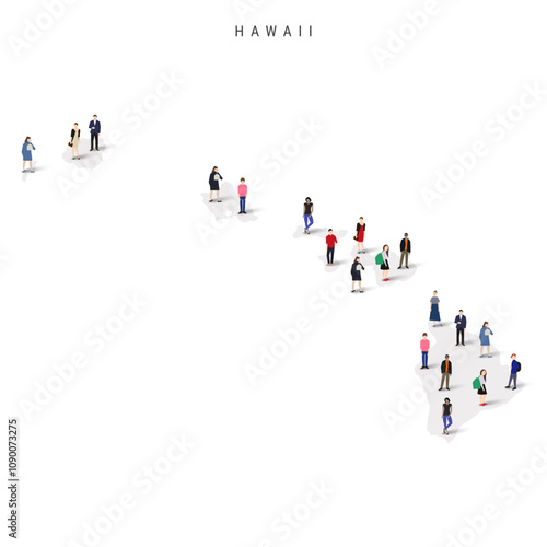 Hawaii US state population map. Large group of realistic a diverse crowd of people figures. Flat vector illustration isolated on white.