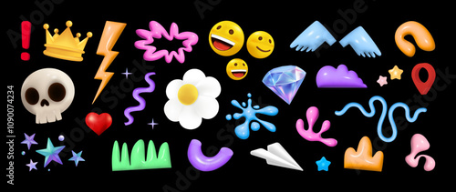 Cute and funny 3D cartoon objects and shapes. Set of colorful 3D elements, funny elements - skull, emoji, daisy flower, diamond, abstract lines, curls, heart, stars and others. Vector graphic set photo