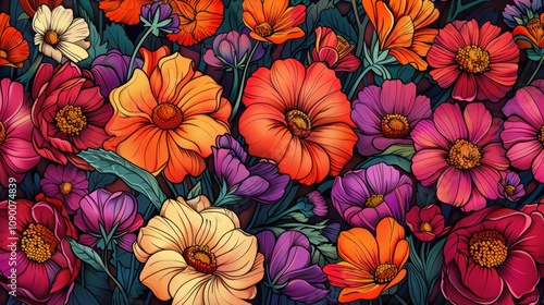 Vibrant floral pattern with cosmos and other flowers in warm and cool tones.