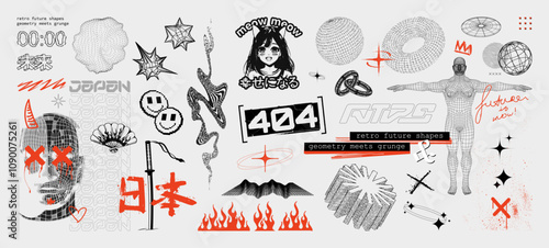 Retro Futuristic 90s wave in Japanese style, with 3d wireframe geometric shapes, lettering and pixel art. Vector geometric shapes, 3D elements. Translation from Japanese - be happy, Japan, future