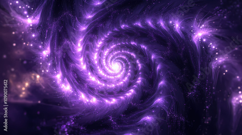 A spiral galaxy in an abstract purple and black space with glowing stars and an infinite grid of light. Infinite Fractal Spiral. Illustration