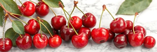 Cherries and leaves on a marble background, cherries fruit, crystal glasses