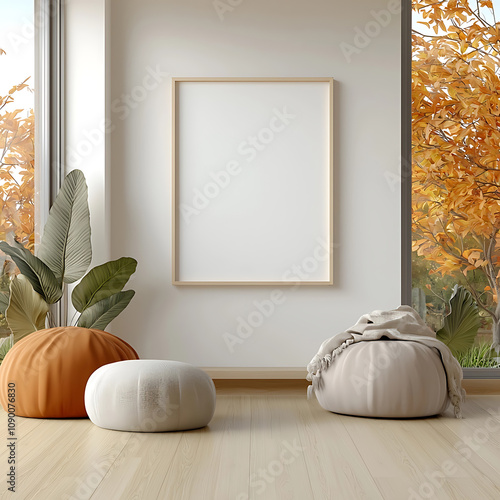 Cozy autumn living room setup with plush poufs natural light minimalist design indoor environment modern aesthetic concept for home decor inspiration