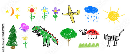 Children's drawing, graphic collection of little artists, high detail strokes. Children's drawing, cute doodles, kindergarten or elementary school level drawing. Vector graphic set, cute illustrations