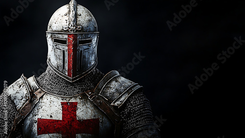 A knight in medieval armor, with a red cross on his chest.