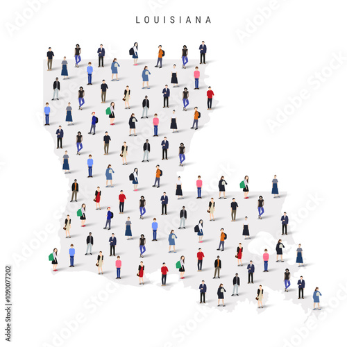 Louisiana US state population map. Large group of realistic a diverse crowd of people figures. Flat vector illustration isolated on white.