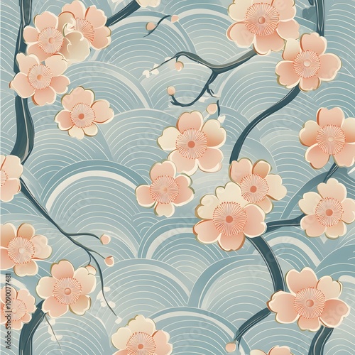 Elegant Japanese Cherry Blossom Seamless Pattern with Traditional Details