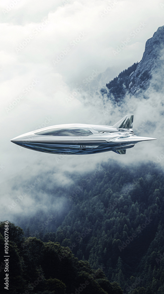 Obraz premium UFO, an alien saucer hovering above the field in the clouds, hovering motionless in the sky. Unidentified flying object, alien invasion, extraterrestrial life, space travel, spaceship. mixed media 