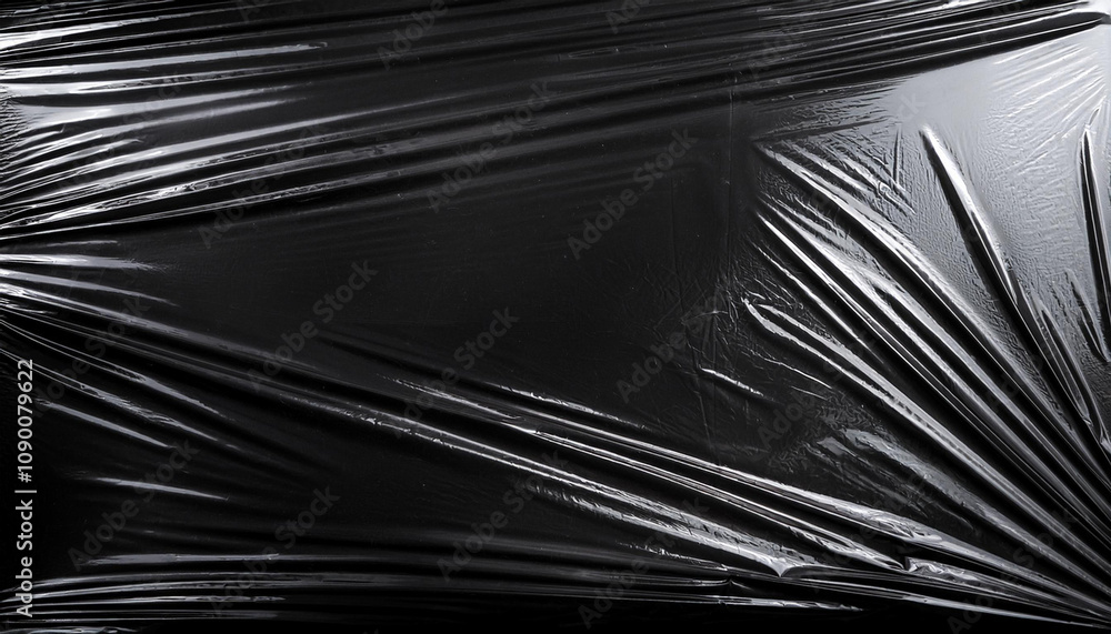 Obraz premium Transparent plastic wrap on the black background. Clean blank texture overlay effect template. Isolated wrinkle surface branding mock-up.