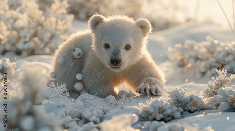 Obraz premium Adorable polar bear cub playing in snowy landscape.